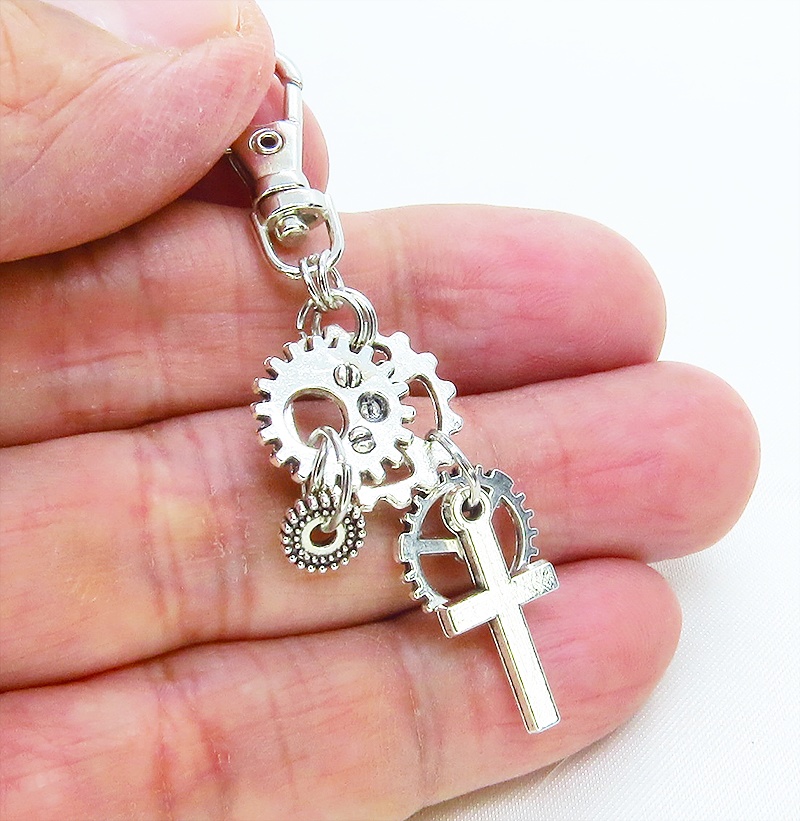 アンティークシルバー スチームパンク風 ロザリオと歯車を組合せたキーホルダー バッグチャーム ファスナーチャーム 金具変更可