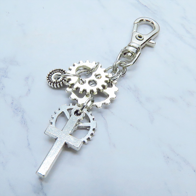 アンティークシルバー スチームパンク風 ロザリオと歯車を組合せたキーホルダー バッグチャーム ファスナーチャーム 金具変更可