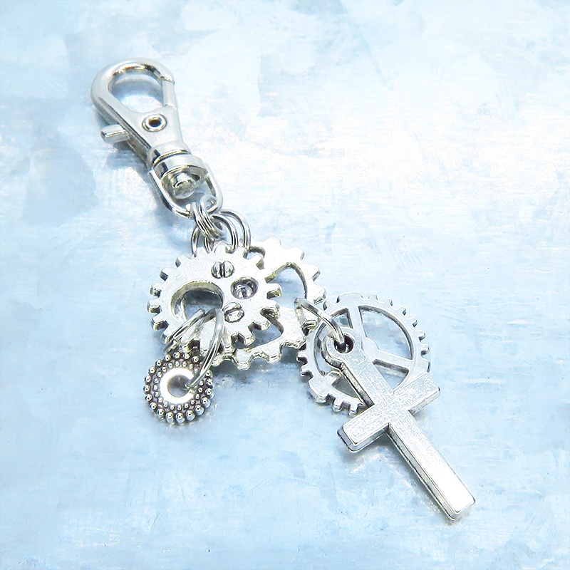 アンティークシルバー スチームパンク風 ロザリオと歯車を組合せたキーホルダー バッグチャーム ファスナーチャーム 金具変更可