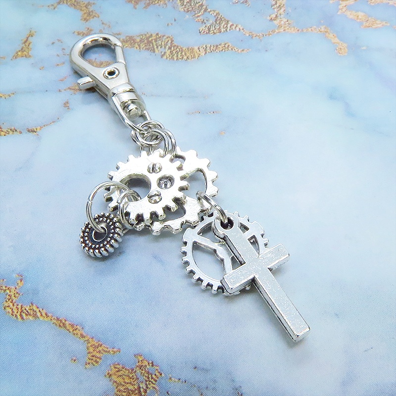 アンティークシルバー スチームパンク風 ロザリオと歯車を組合せたキーホルダー バッグチャーム ファスナーチャーム 金具変更可