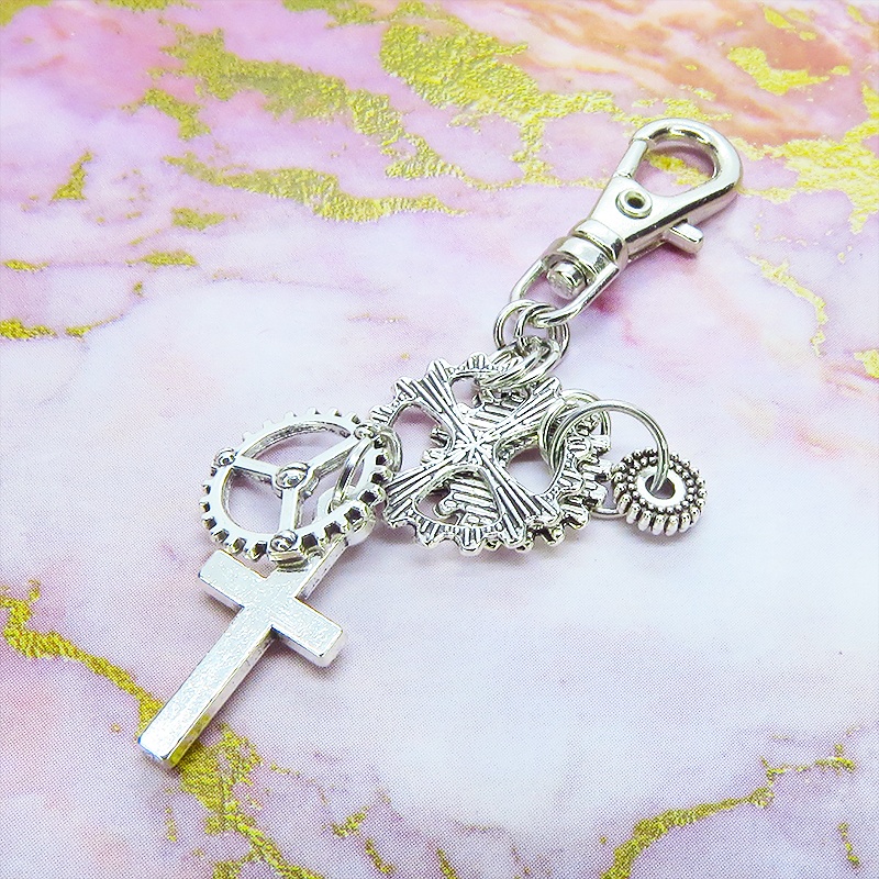 アンティークシルバー スチームパンク風 ロザリオと歯車を組合せたキーホルダー バッグチャーム ファスナーチャーム 金具変更可