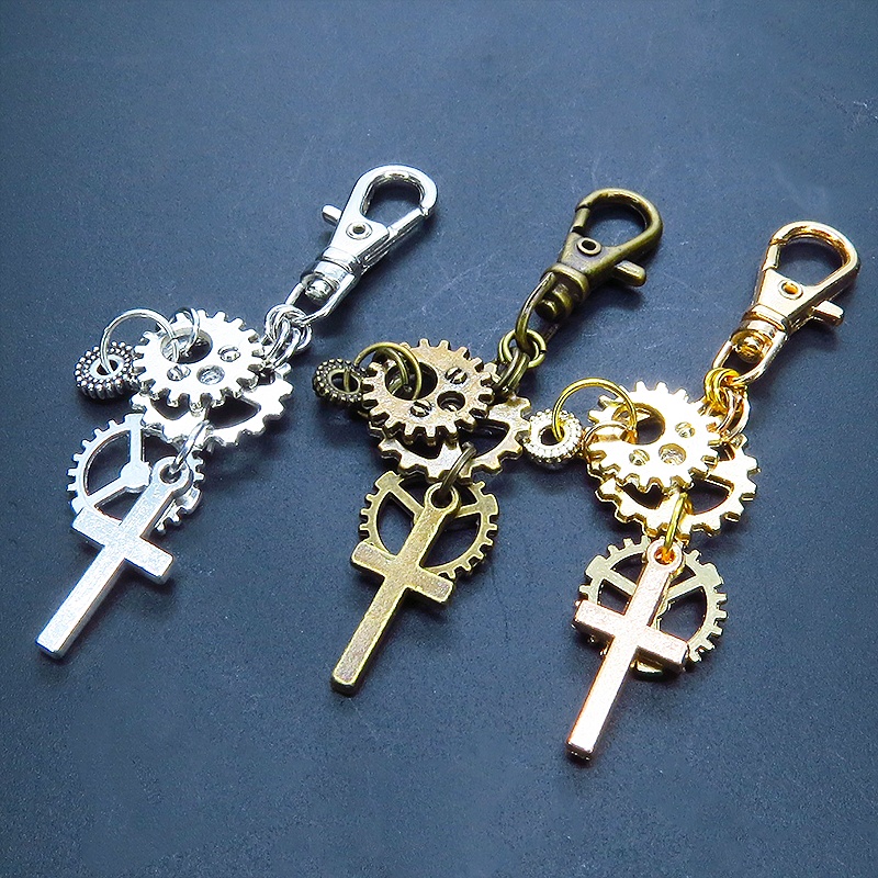 アンティークシルバー スチームパンク風 ロザリオと歯車を組合せたキーホルダー バッグチャーム ファスナーチャーム 金具変更可