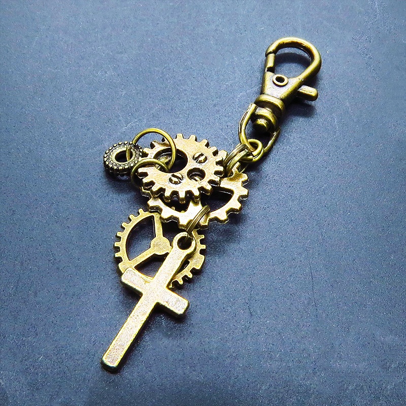 アンティークゴールド スチームパンク風 ロザリオと歯車を組合せたキーホルダー バッグチャーム ファスナーチャーム 金具変更可