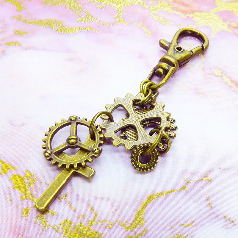 アンティークゴールド スチームパンク風 ロザリオと歯車を組合せたキーホルダー バッグチャーム ファスナーチャーム 金具変更可