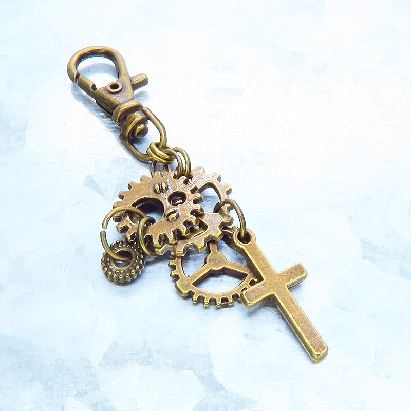 アンティークゴールド スチームパンク風 ロザリオと歯車を組合せたキーホルダー バッグチャーム ファスナーチャーム 金具変更可