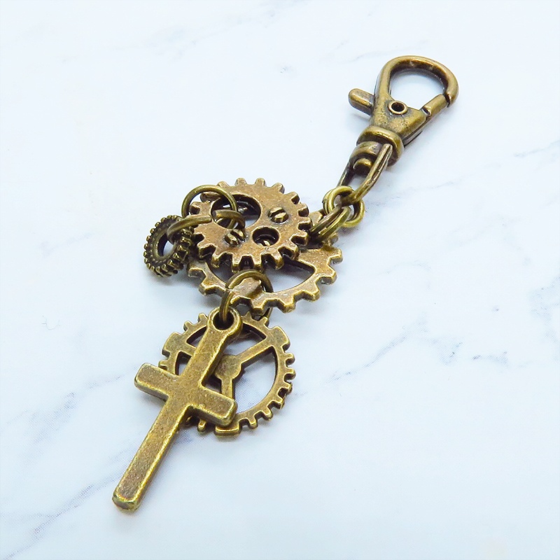 アンティークゴールド スチームパンク風 ロザリオと歯車を組合せたキーホルダー バッグチャーム ファスナーチャーム 金具変更可
