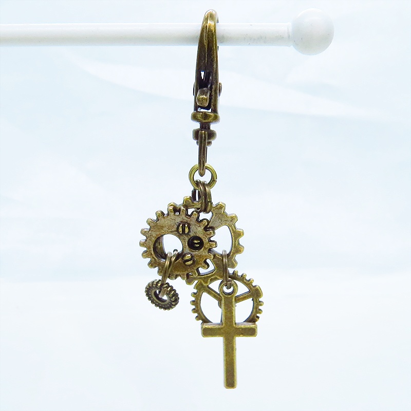 アンティークゴールド スチームパンク風 ロザリオと歯車を組合せたキーホルダー バッグチャーム ファスナーチャーム 金具変更可