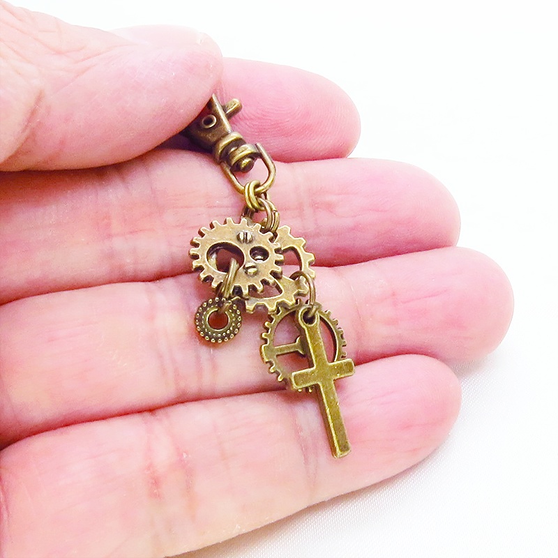 アンティークゴールド スチームパンク風 ロザリオと歯車を組合せたキーホルダー バッグチャーム ファスナーチャーム 金具変更可