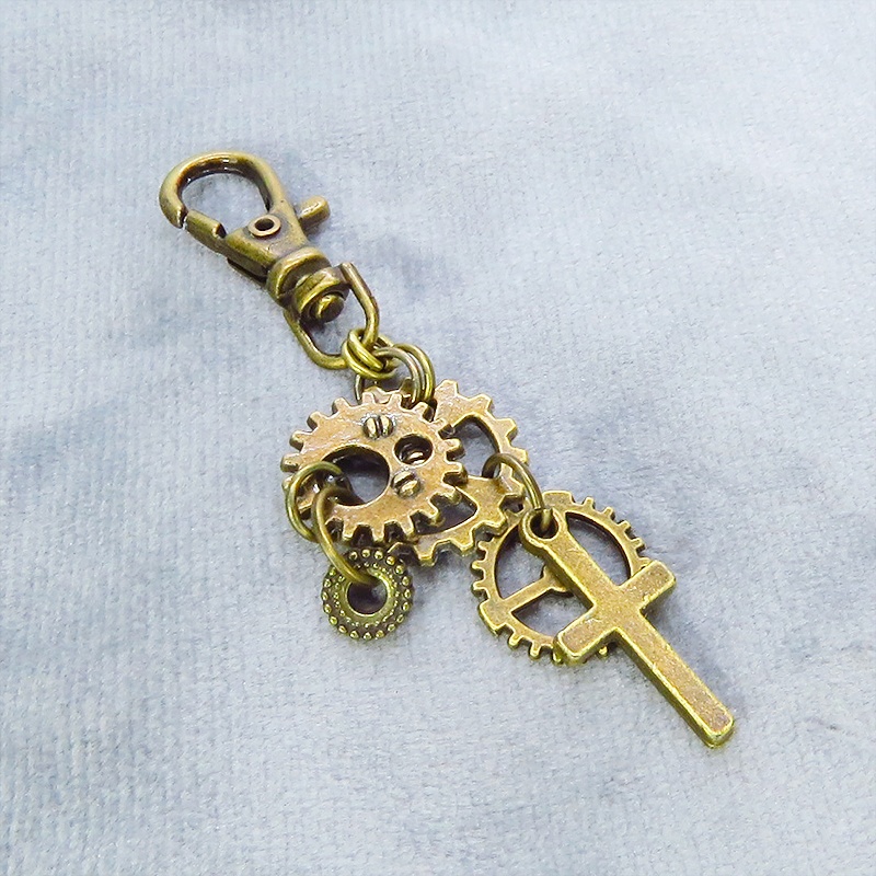 アンティークゴールド スチームパンク風 ロザリオと歯車を組合せたキーホルダー バッグチャーム ファスナーチャーム 金具変更可
