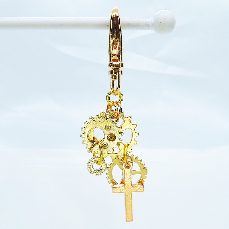 マットゴールド スチームパンク風 ロザリオと歯車を組合せたキーホルダー バッグチャーム ファスナーチャーム 金具変更可