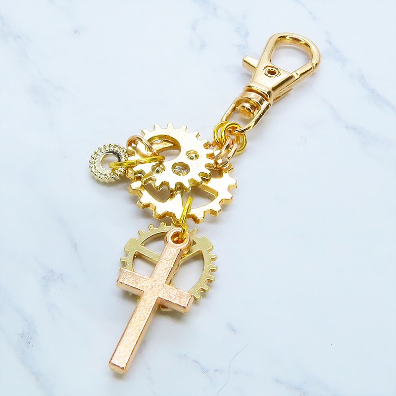 マットゴールド スチームパンク風 ロザリオと歯車を組合せたキーホルダー バッグチャーム ファスナーチャーム 金具変更可