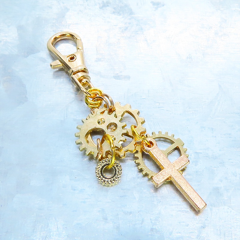 マットゴールド スチームパンク風 ロザリオと歯車を組合せたキーホルダー バッグチャーム ファスナーチャーム 金具変更可