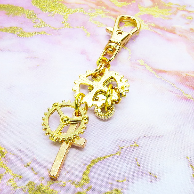 マットゴールド スチームパンク風 ロザリオと歯車を組合せたキーホルダー バッグチャーム ファスナーチャーム 金具変更可