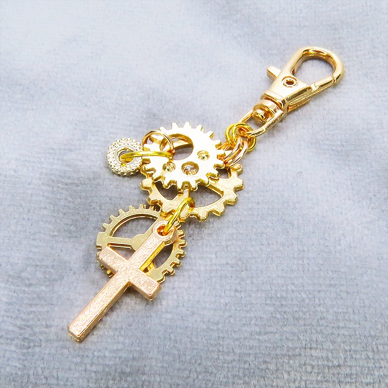 マットゴールド スチームパンク風 ロザリオと歯車を組合せたキーホルダー バッグチャーム ファスナーチャーム 金具変更可