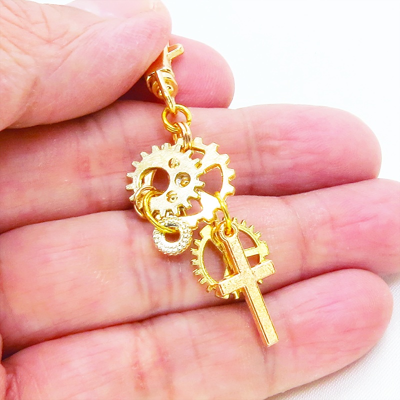マットゴールド スチームパンク風 ロザリオと歯車を組合せたキーホルダー バッグチャーム ファスナーチャーム 金具変更可