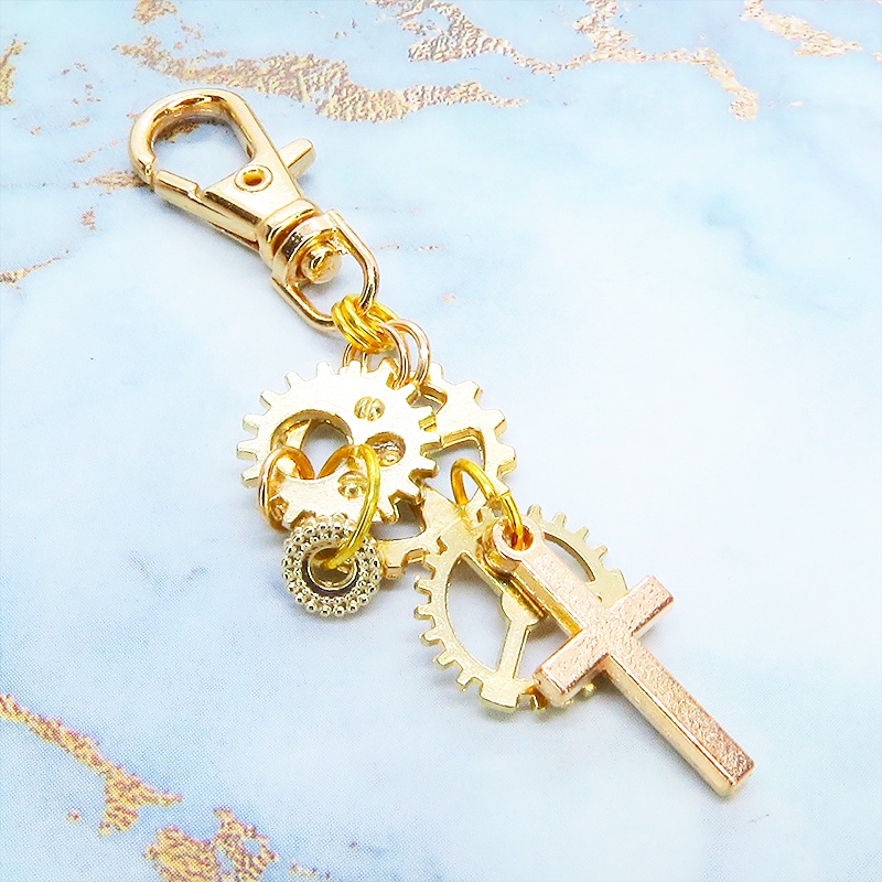 マットゴールド スチームパンク風 ロザリオと歯車を組合せたキーホルダー バッグチャーム ファスナーチャーム 金具変更可