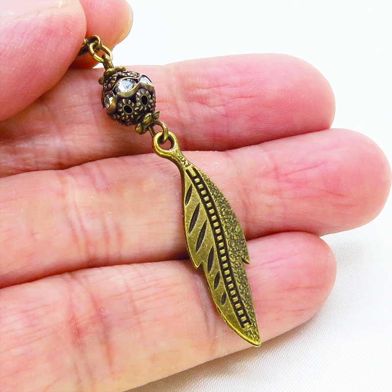 マスク・スマホチャーム アンティークゴールド フェザーとメタルビーズを組合せたチャーム 金具変更可 ジャックピン追加可