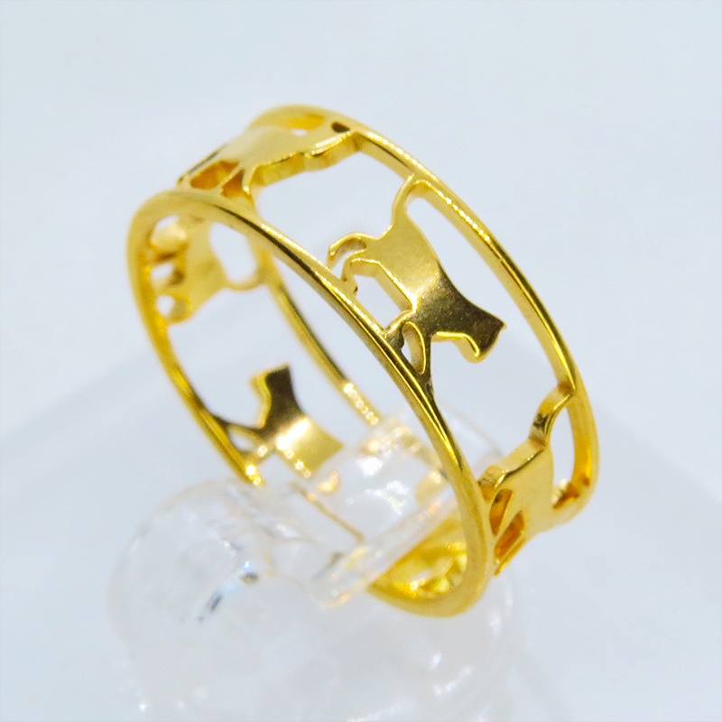 【再販×3】ゴールドカラー ステンレス製 歩く猫シルエットが連なる大人可愛いリング 繊細 16号