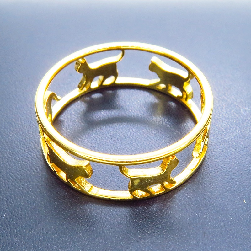 【再販×3】ゴールドカラー ステンレス製 歩く猫シルエットが連なる大人可愛いリング 繊細 16号