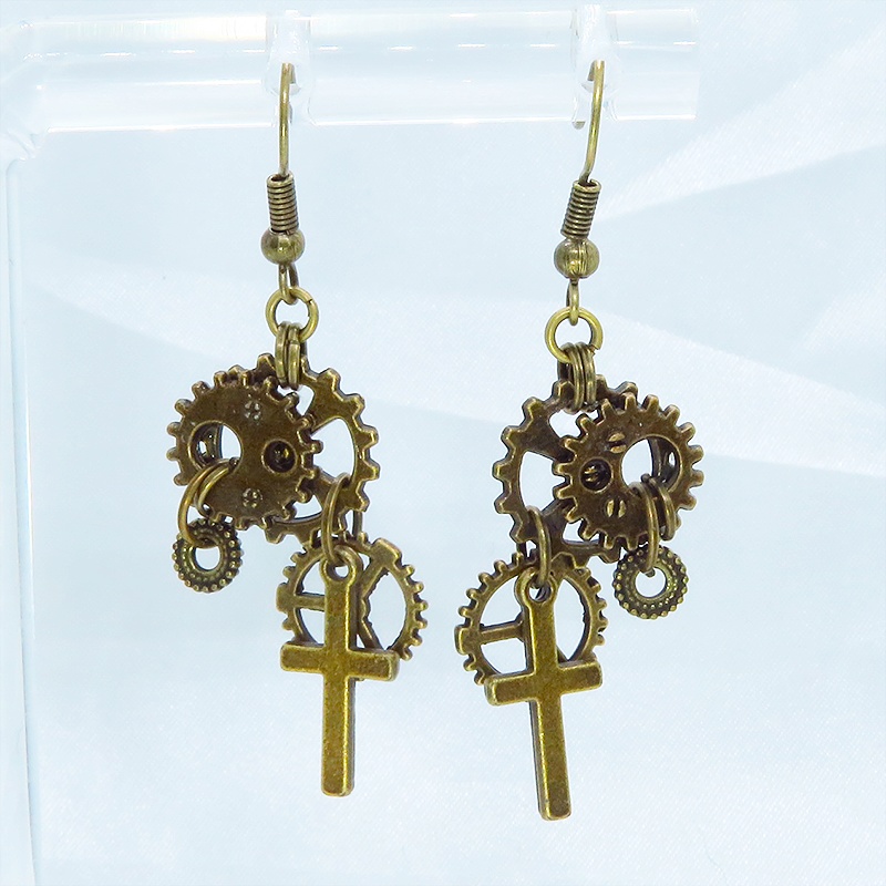 アンティークゴールド ロザリオ(十字架)と歯車を組合せたコンパクトなピアス スチームパンク風 コンパクト