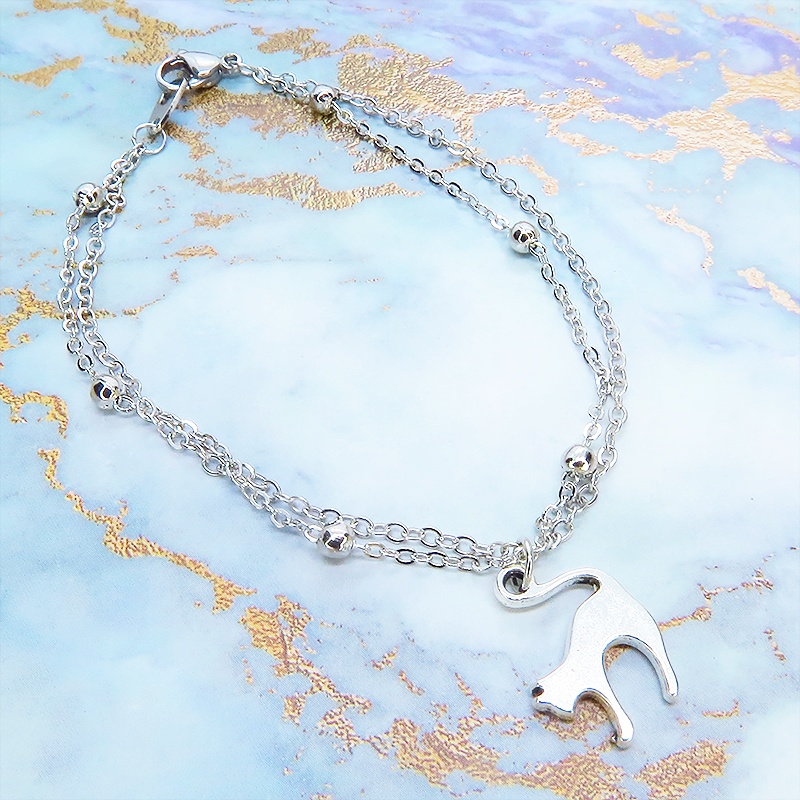 アンティークシルバー 跳ね猫モチーフのダブルチェーンブレスレット ビーズ付チェーン アジャスター可