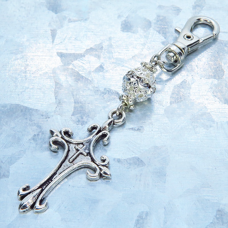アンティークシルバー ゴシック調ロザリオとメタルビーズを組合せたキーホルダー バッグチャーム ファスナーチャーム 金具変更可