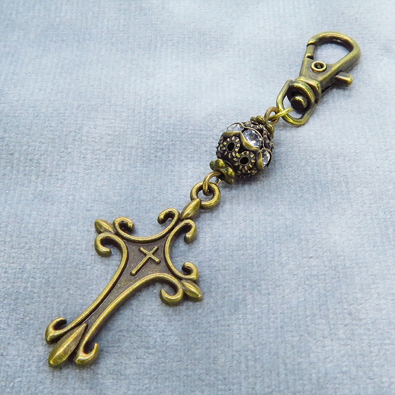 アンティークゴールド ゴシック調ロザリオとメタルビーズを組合せたキーホルダー バッグチャーム ファスナーチャーム 金具変更可