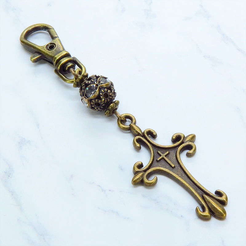 アンティークゴールド ゴシック調ロザリオとメタルビーズを組合せたキーホルダー バッグチャーム ファスナーチャーム 金具変更可