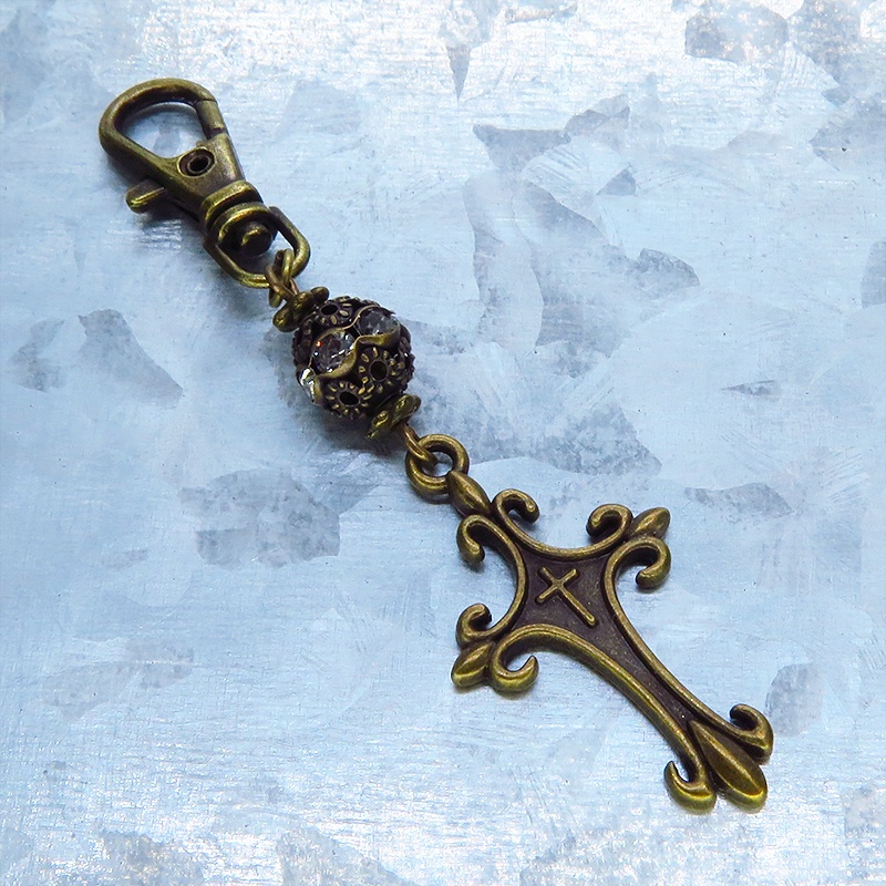 アンティークゴールド ゴシック調ロザリオとメタルビーズを組合せたキーホルダー バッグチャーム ファスナーチャーム 金具変更可