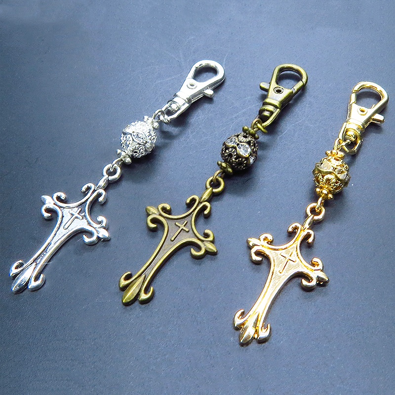 アンティークゴールド ゴシック調ロザリオとメタルビーズを組合せたキーホルダー バッグチャーム ファスナーチャーム 金具変更可