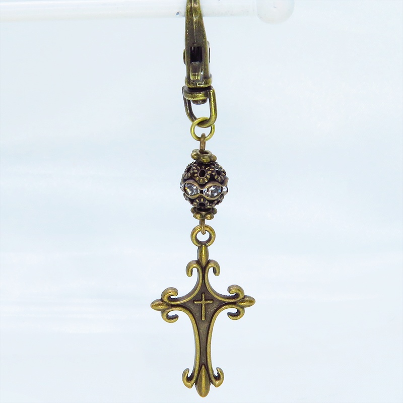 アンティークゴールド ゴシック調ロザリオとメタルビーズを組合せたキーホルダー バッグチャーム ファスナーチャーム 金具変更可