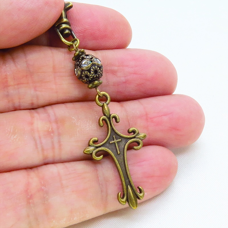 アンティークゴールド ゴシック調ロザリオとメタルビーズを組合せたキーホルダー バッグチャーム ファスナーチャーム 金具変更可