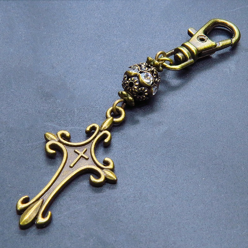 アンティークゴールド ゴシック調ロザリオとメタルビーズを組合せたキーホルダー バッグチャーム ファスナーチャーム 金具変更可