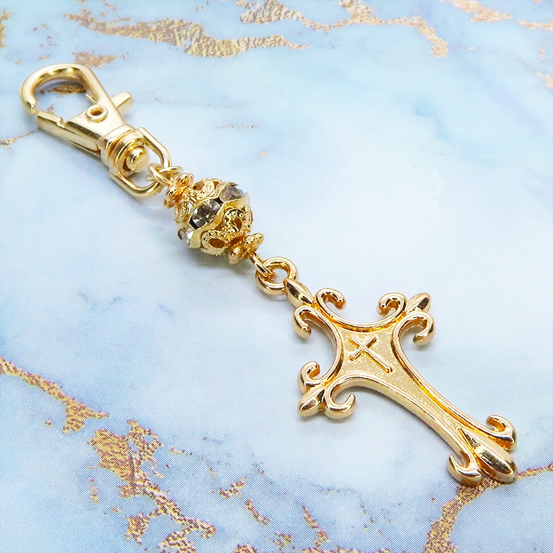 マットゴールド ゴシック調ロザリオとメタルビーズを組合せたキーホルダー バッグチャーム ファスナーチャーム 金具変更可