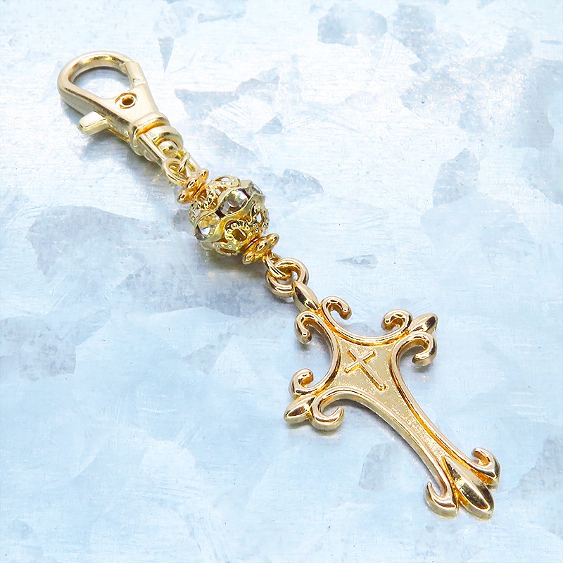 マットゴールド ゴシック調ロザリオとメタルビーズを組合せたキーホルダー バッグチャーム ファスナーチャーム 金具変更可