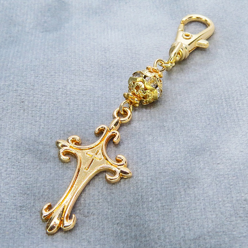 マットゴールド ゴシック調ロザリオとメタルビーズを組合せたキーホルダー バッグチャーム ファスナーチャーム 金具変更可