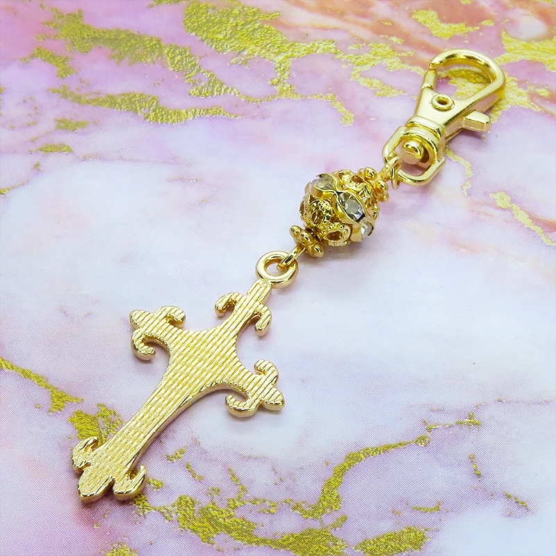 マットゴールド ゴシック調ロザリオとメタルビーズを組合せたキーホルダー バッグチャーム ファスナーチャーム 金具変更可