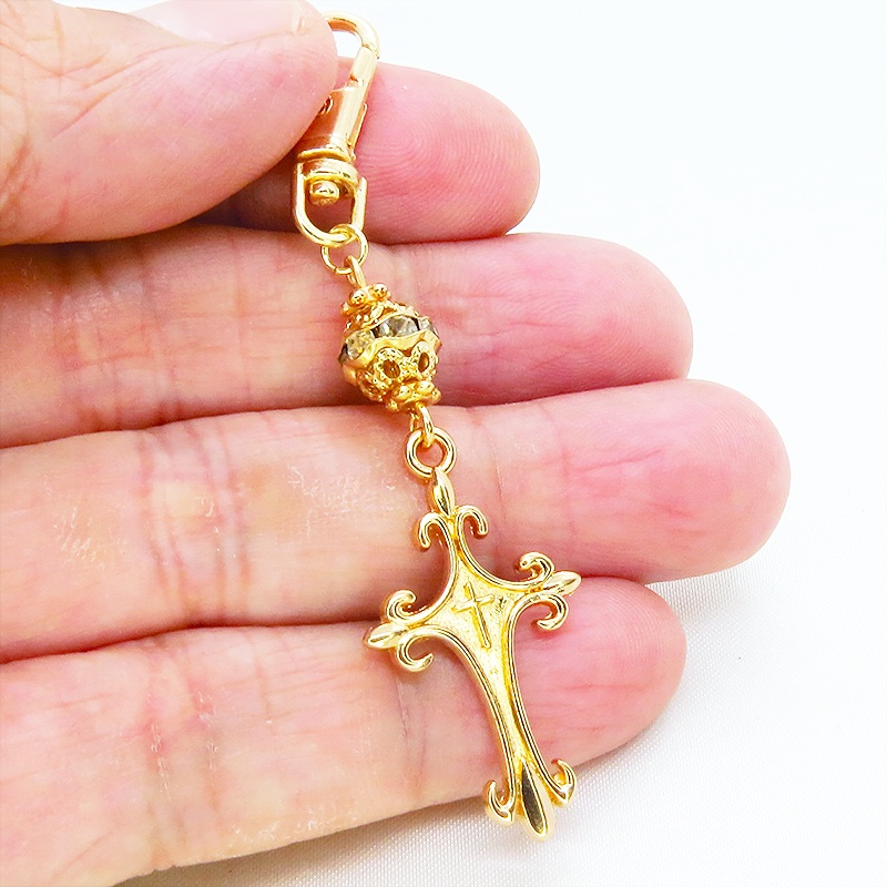 マットゴールド ゴシック調ロザリオとメタルビーズを組合せたキーホルダー バッグチャーム ファスナーチャーム 金具変更可