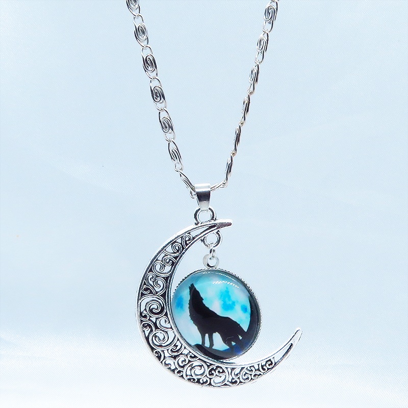 ウルフムーンネックレス 三日月と蒼月に映える狼のシルエットの描かれたペンダント・ネックレス メンズ レディース