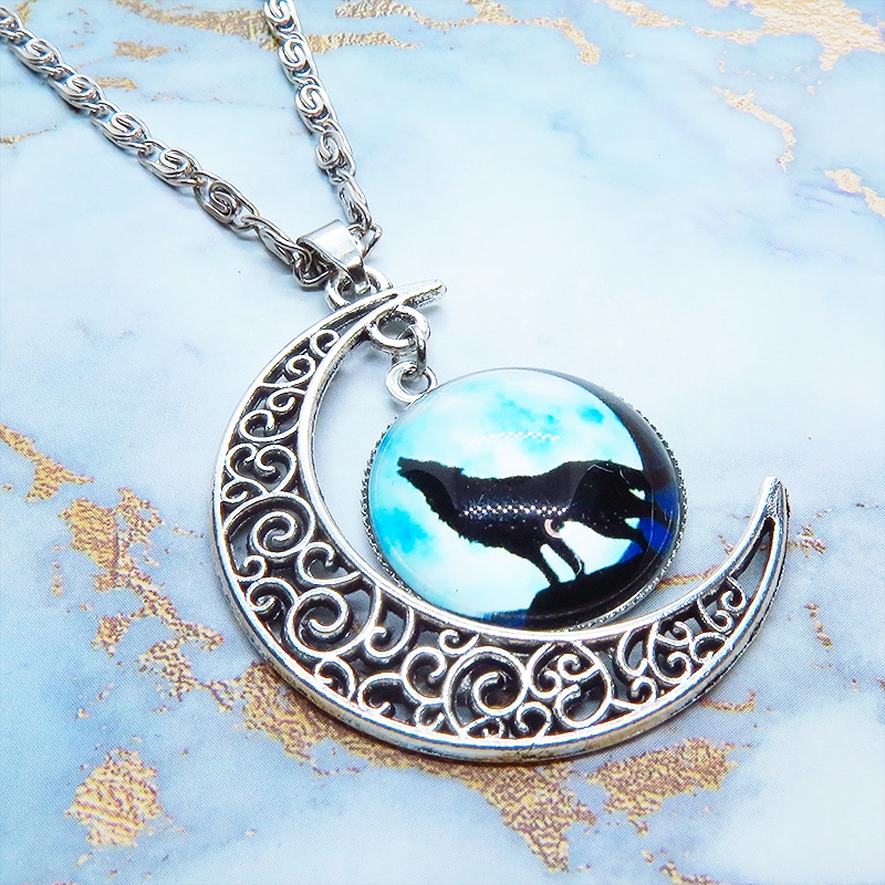 ウルフムーンネックレス 三日月と蒼月に映える狼のシルエットの描かれたペンダント・ネックレス メンズ レディース