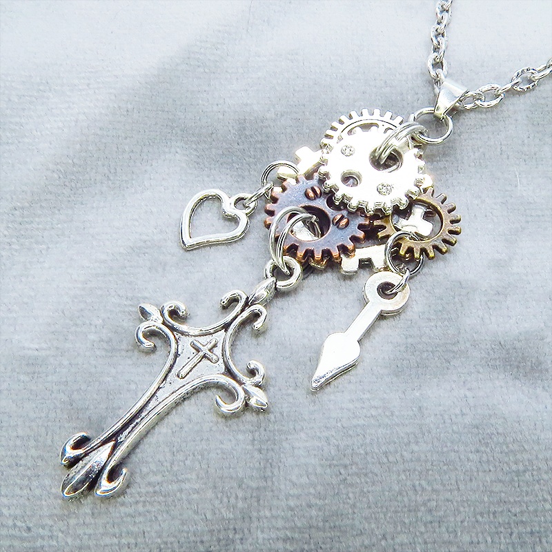 アンティークシルバー ロザリオと多層構造の歯車を組合せたスチームパンク風ネックレス コンパクト 長さ変更可