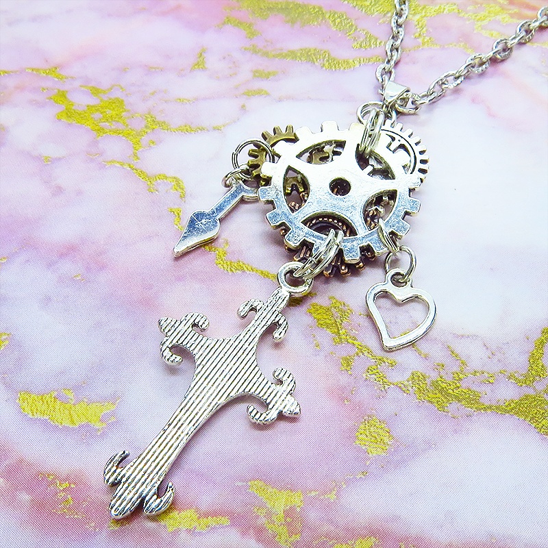 アンティークシルバー ロザリオと多層構造の歯車を組合せたスチームパンク風ネックレス コンパクト 長さ変更可