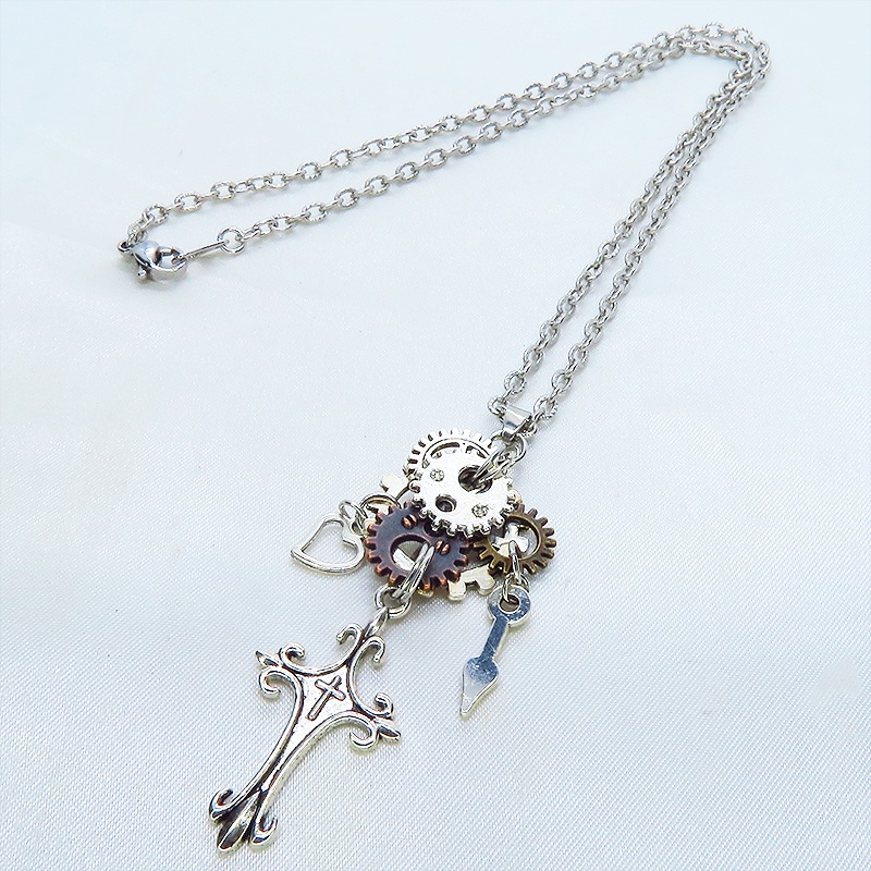 アンティークシルバー ロザリオと多層構造の歯車を組合せたスチームパンク風ネックレス コンパクト 長さ変更可