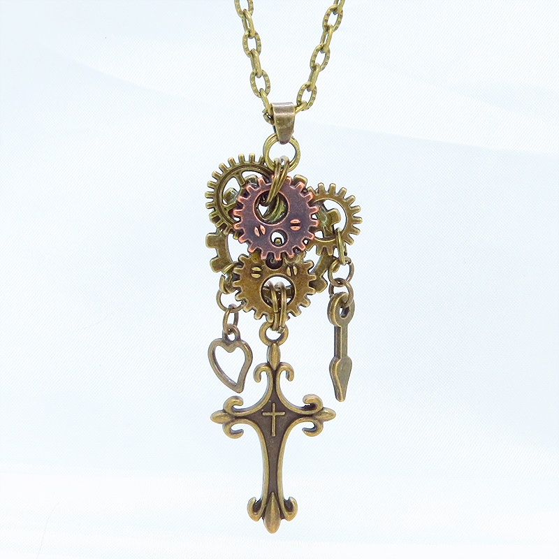 アンティークゴールド ロザリオと多層構造の歯車を組合せたスチームパンク風ネックレス コンパクト 長さ変更可