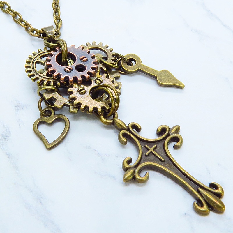 アンティークゴールド ロザリオと多層構造の歯車を組合せたスチームパンク風ネックレス コンパクト 長さ変更可