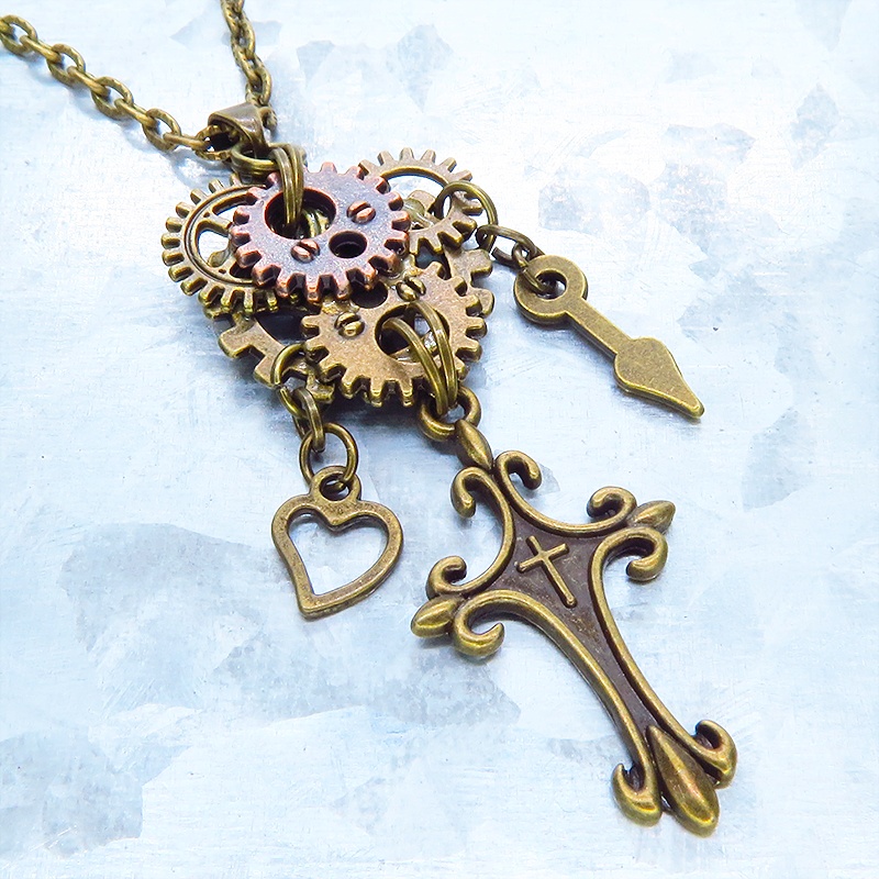 アンティークゴールド ロザリオと多層構造の歯車を組合せたスチームパンク風ネックレス コンパクト 長さ変更可