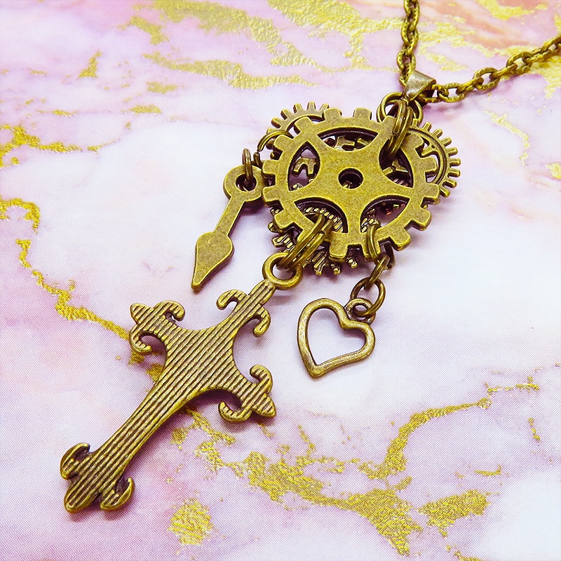 アンティークゴールド ロザリオと多層構造の歯車を組合せたスチームパンク風ネックレス コンパクト 長さ変更可