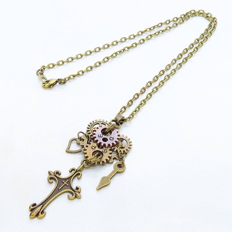 アンティークゴールド ロザリオと多層構造の歯車を組合せたスチームパンク風ネックレス コンパクト 長さ変更可
