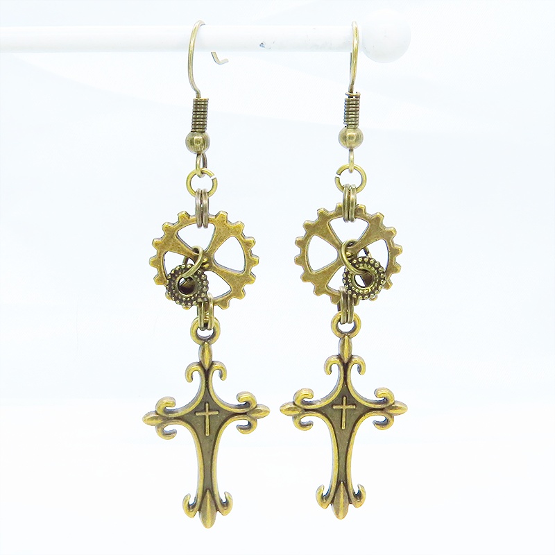 アンティークゴールド ゴシック調ロザリオ(十字架)と歯車モチーフを組合せたピアス スチームパンク風