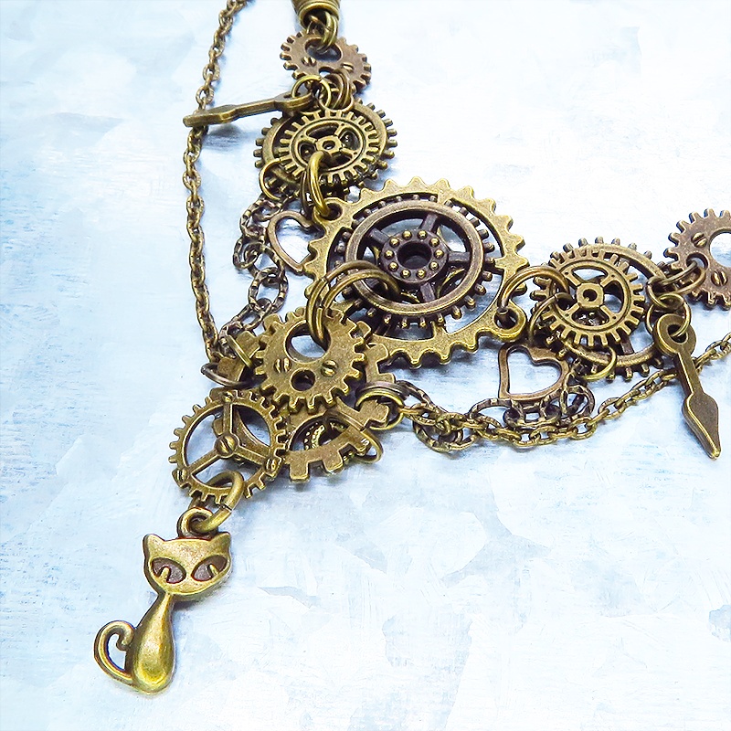 アンティークゴールド 猫と多数の歯車を組合せた多層多重の本格的スチームパンクネックレス 長さ調整可